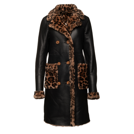Seraphina Leopard print double breasted shearling Leather Coat