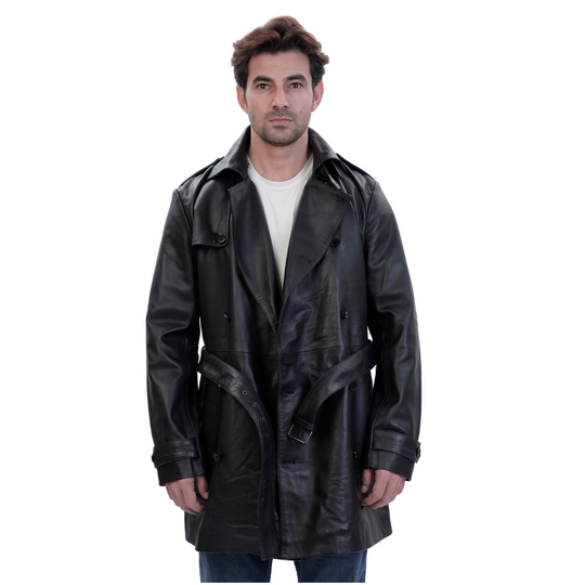 Black leather belted and double breasted trench coat