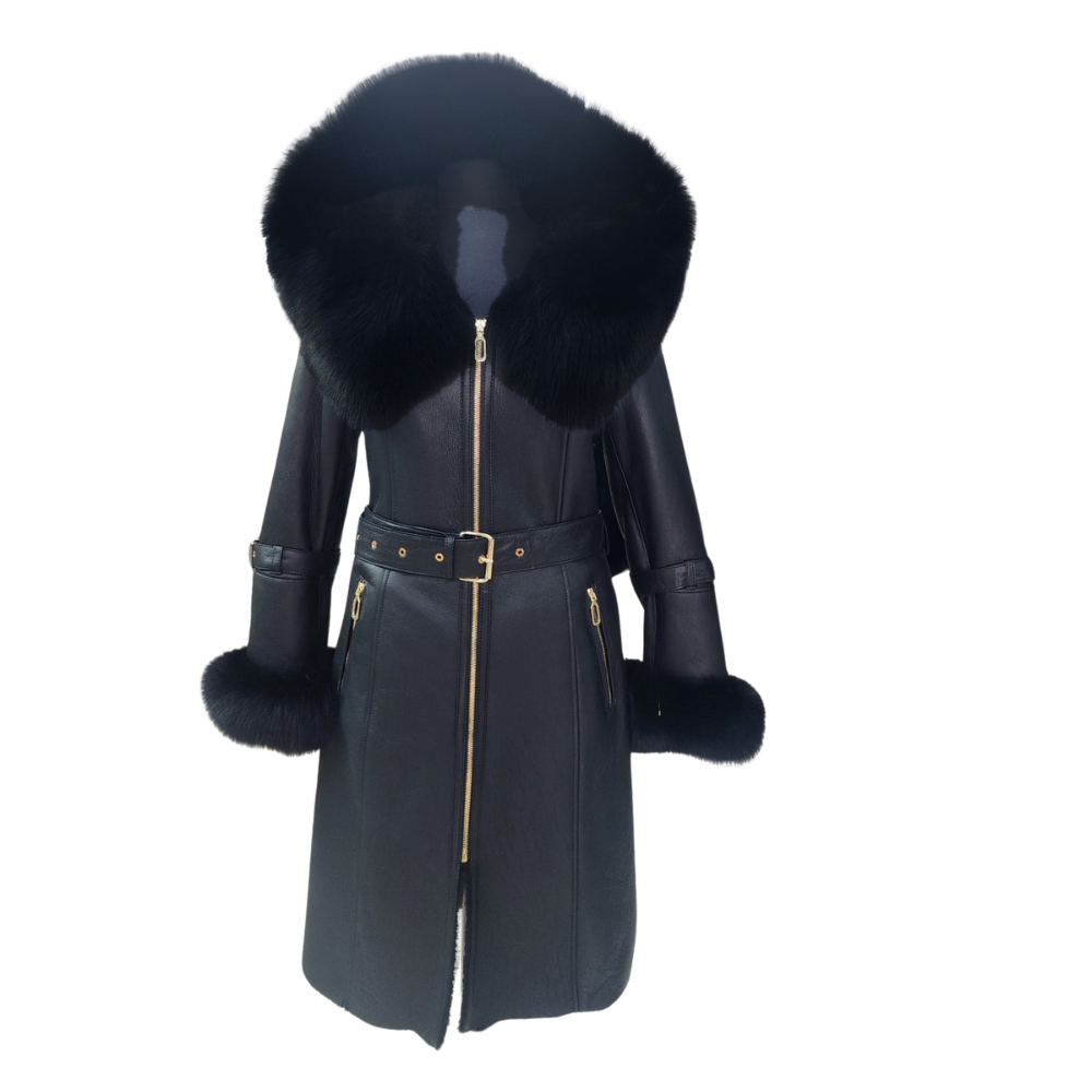Freya Black Leather shearling coat with Fur Hood & Belt