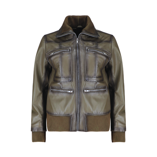 Mila olive green bomber leather jacket