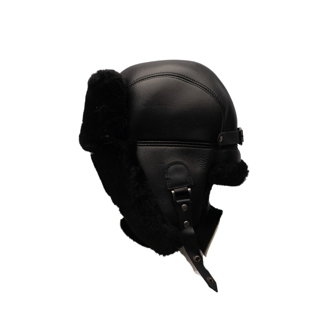 Black sheepskin shearling Aviator Hat