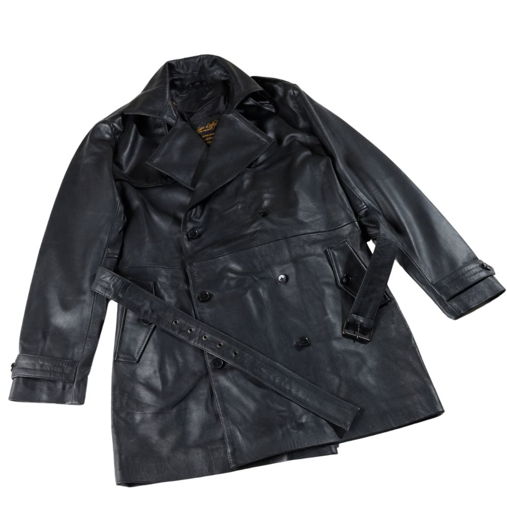 Black leather belted and double breasted trench coat