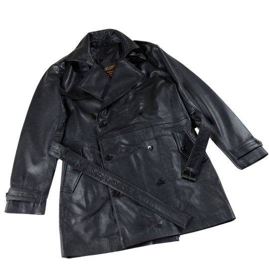 Black leather belted and double breasted trench coat