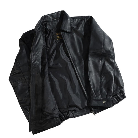 Bomber leather jacket with spread collars