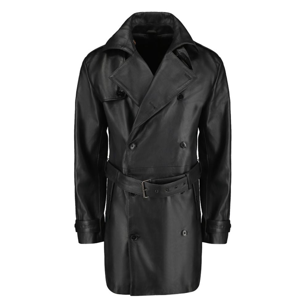 Black Leather Belted and Double Breasted Trench Coat – Lusso Leather