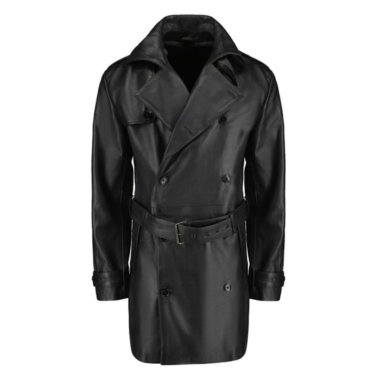 Black leather belted and double breasted trench coat