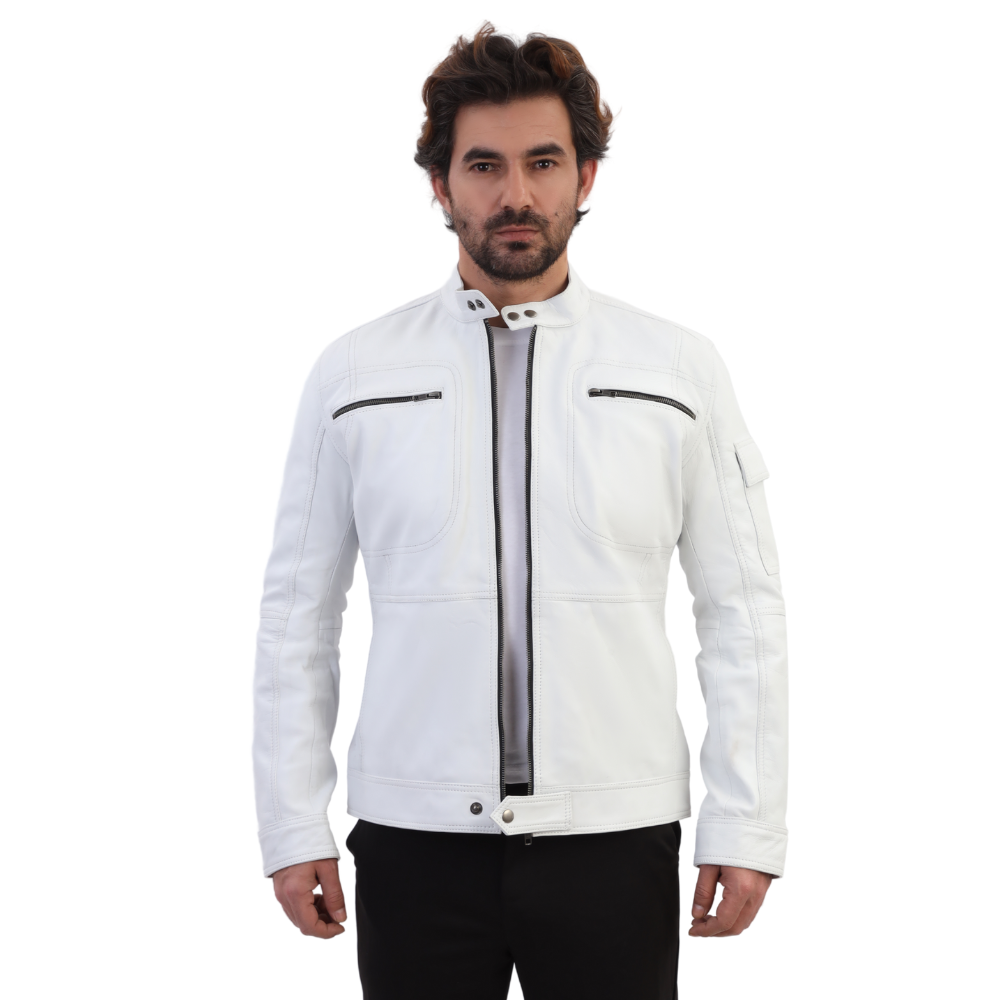 Plain White moto style leather jacket