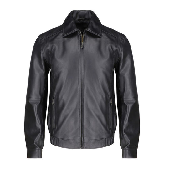 Bomber leather jacket with spread collars