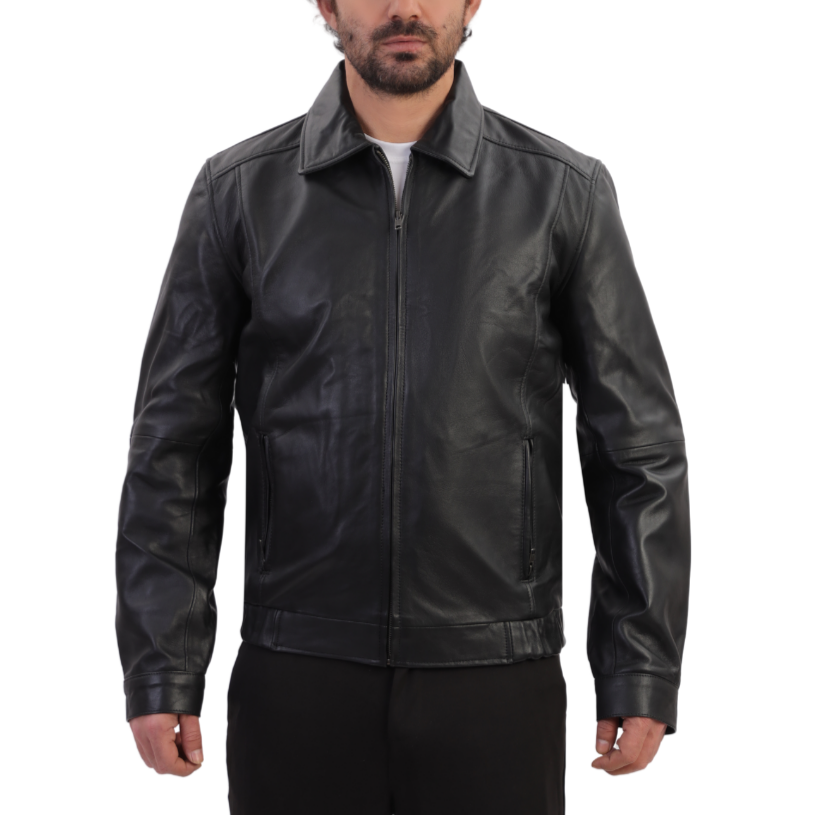 Bomber leather jacket with spread collars