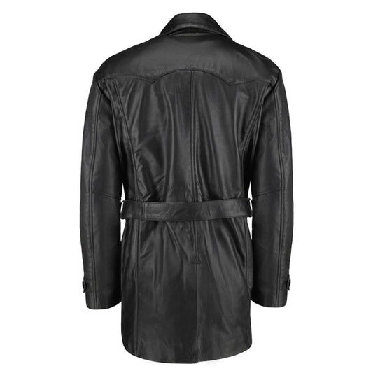 Black leather belted and double breasted trench coat