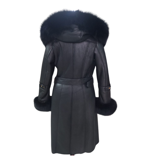 Freya Black Leather shearling coat with Fur Hood & Belt