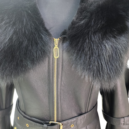 Freya Black Leather shearling coat with Fur Hood & Belt