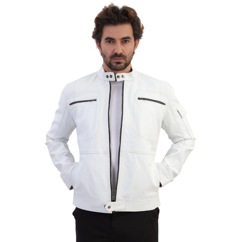 Plain White moto style leather jacket