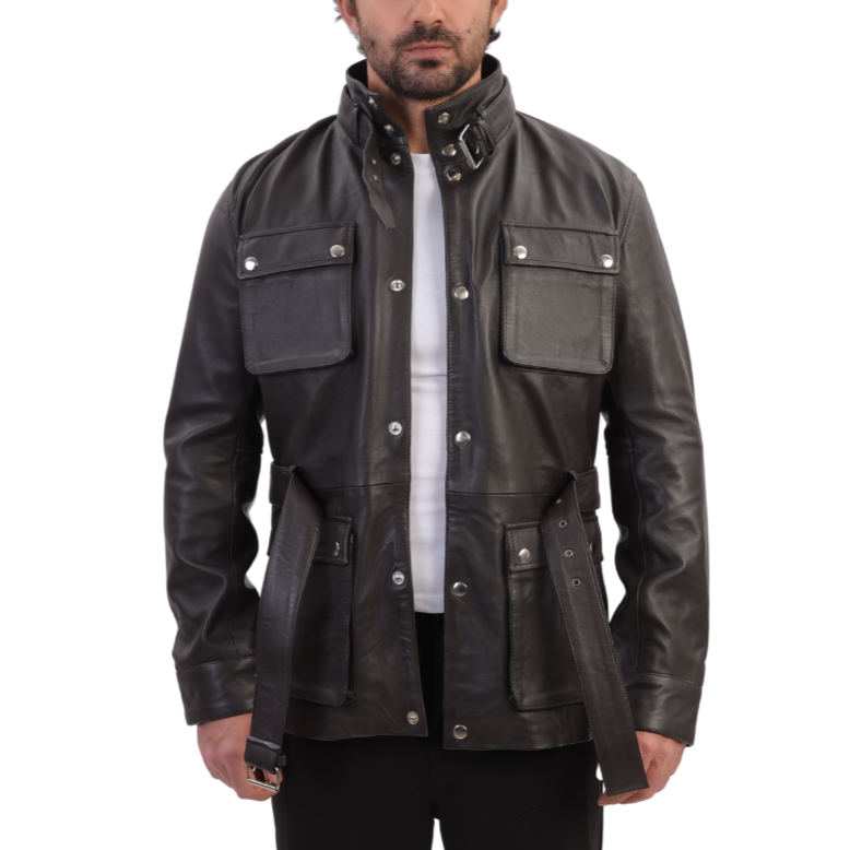 Parker Black Belted leather jacket with large pockets
