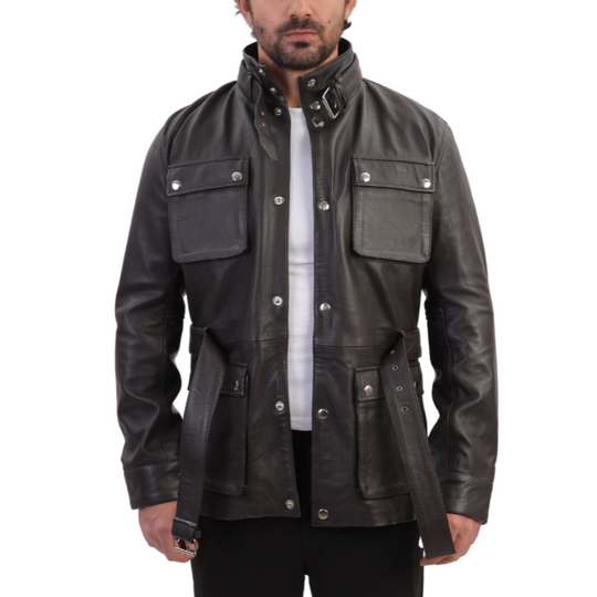Parker Black Belted leather jacket with large pockets