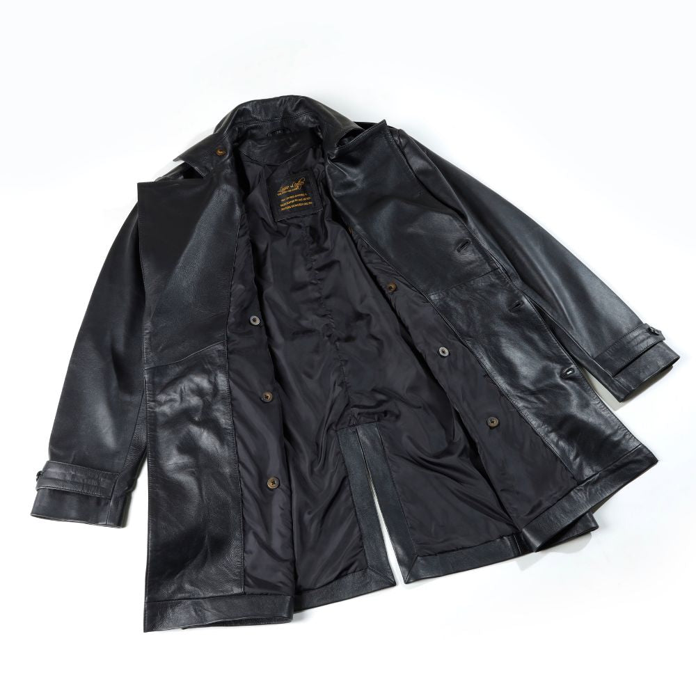 Black leather belted and double breasted trench coat