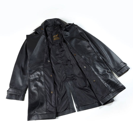 Black leather belted and double breasted trench coat