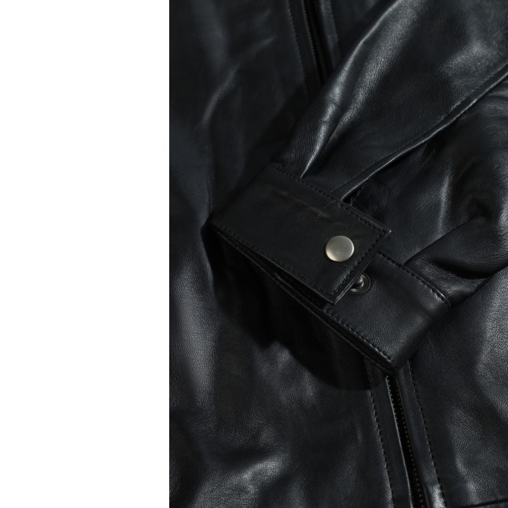 Bomber leather jacket with spread collars