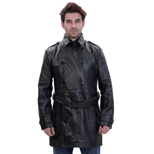 Black leather belted and double breasted trench coat