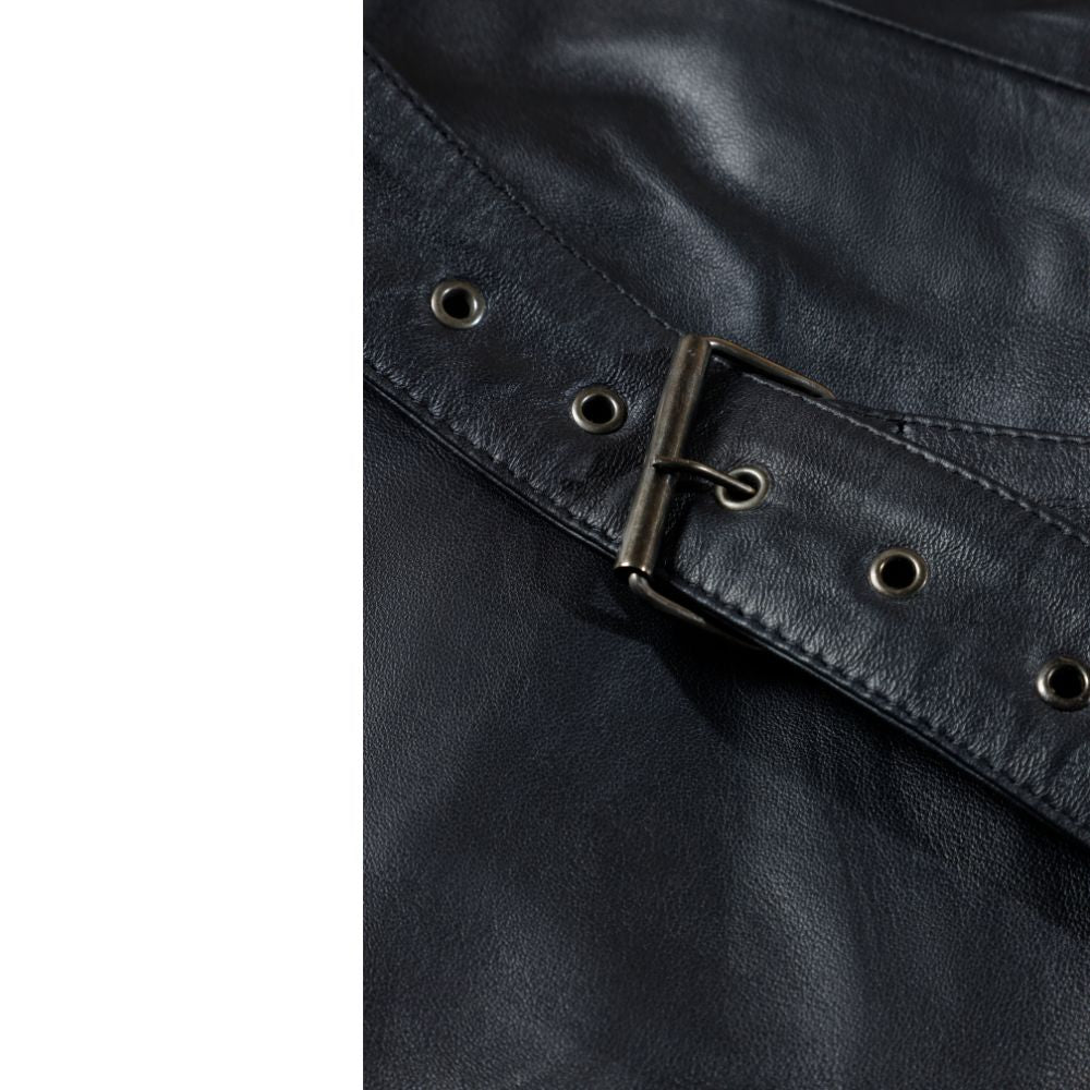 Black leather belted and double breasted trench coat