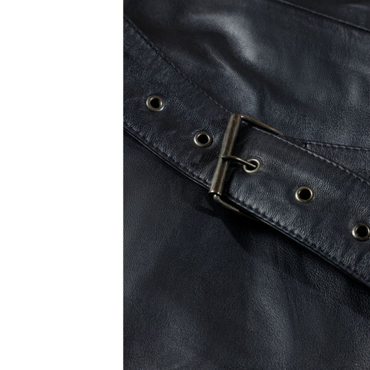 Black leather belted and double breasted trench coat