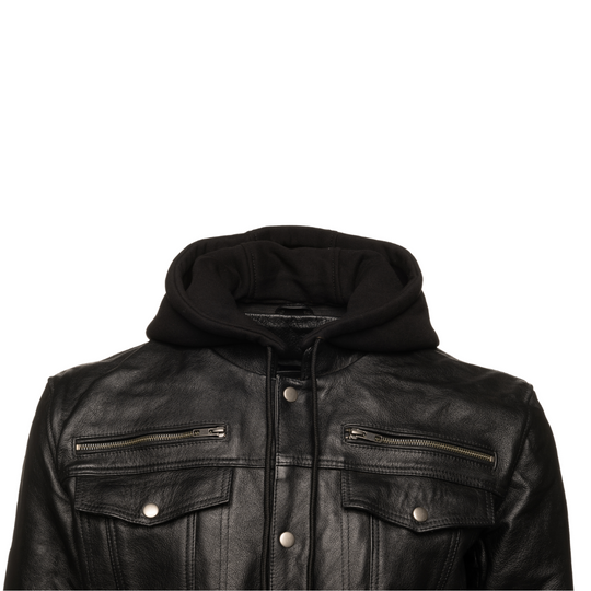 Easton Black trucker motorcycle leather jacket with hood