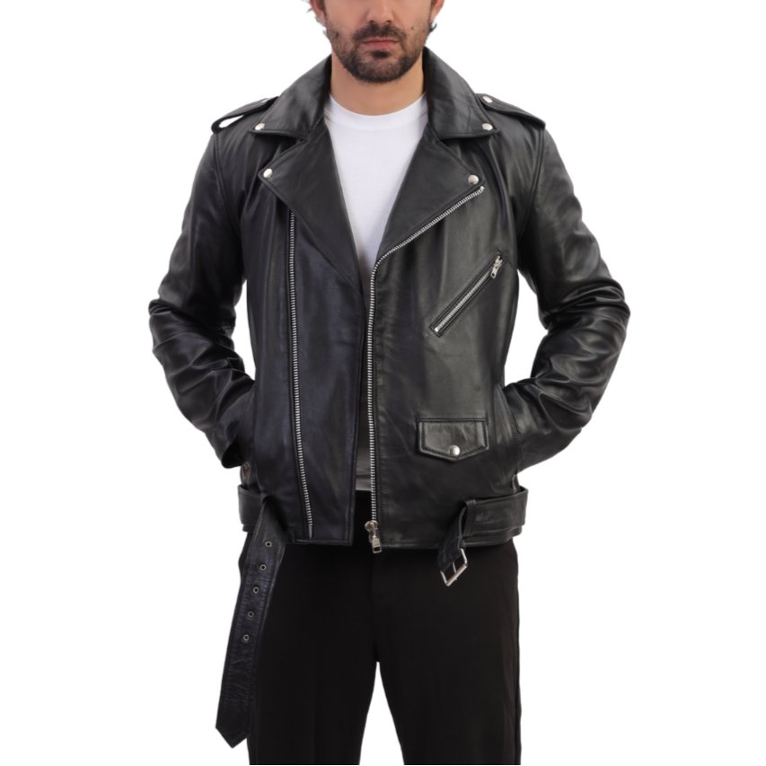 Slim fit biker style jacket with belt