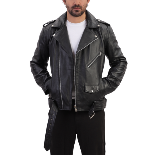 Slim fit biker style jacket with belt