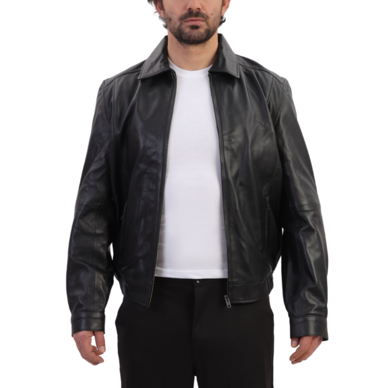 Bomber leather jacket with spread collars