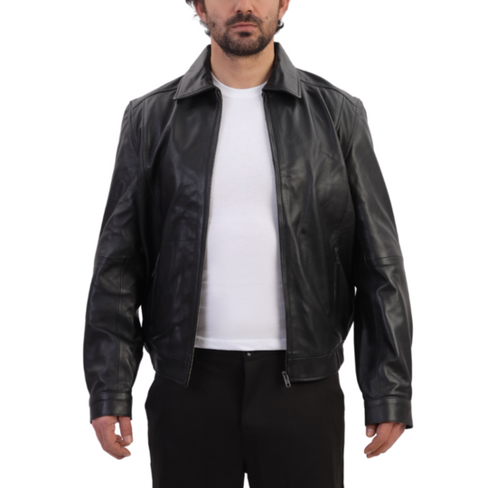 Bomber leather jacket with spread collars