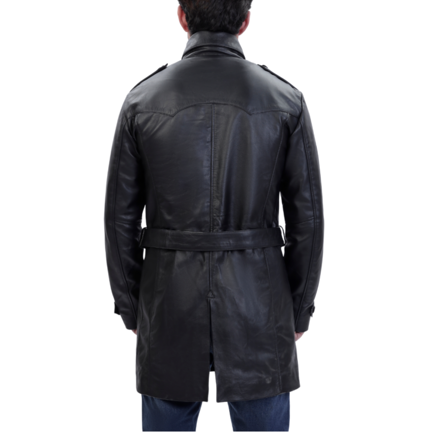 Black leather belted and double breasted trench coat