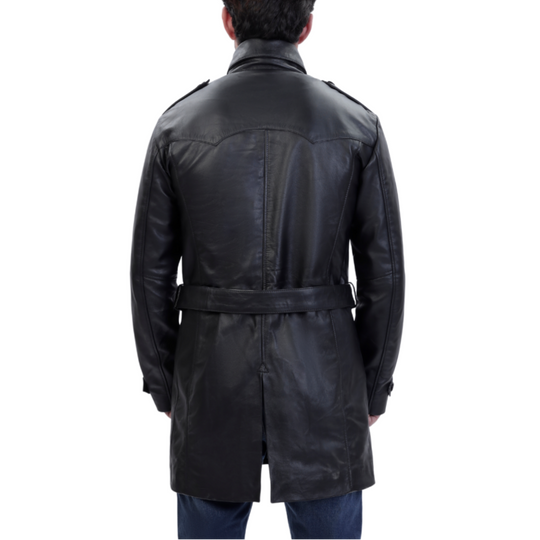 Black leather belted and double breasted trench coat