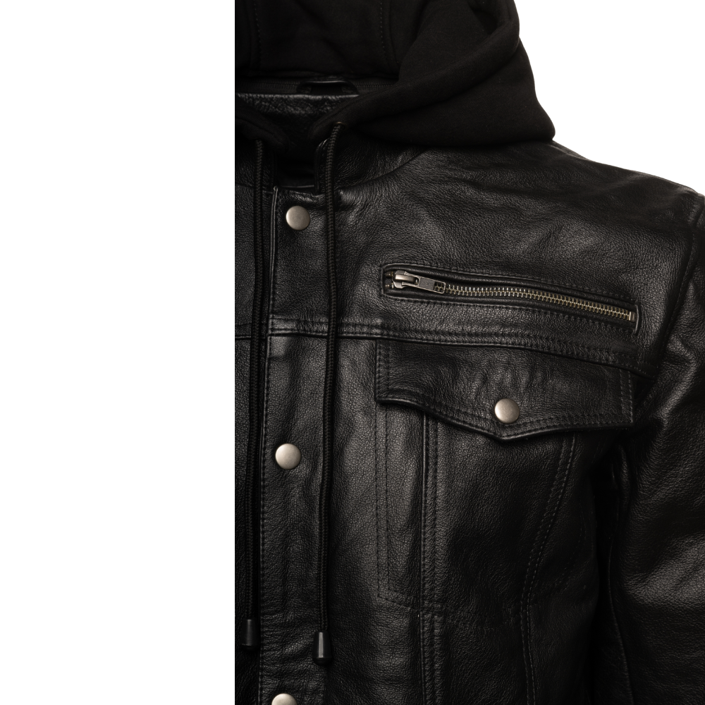 Easton Black trucker motorcycle leather jacket with hood