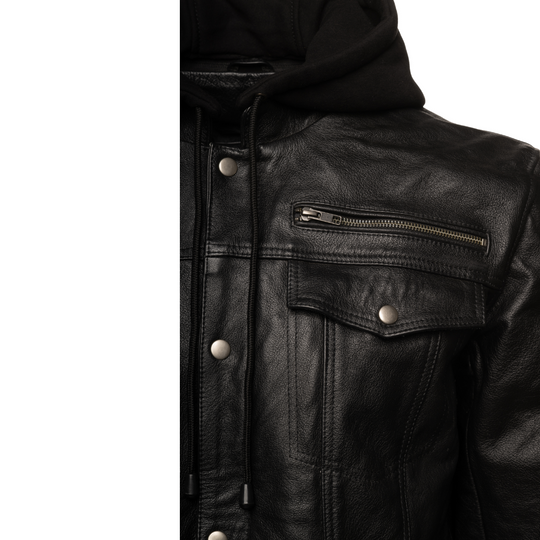 Easton Black trucker motorcycle leather jacket with hood