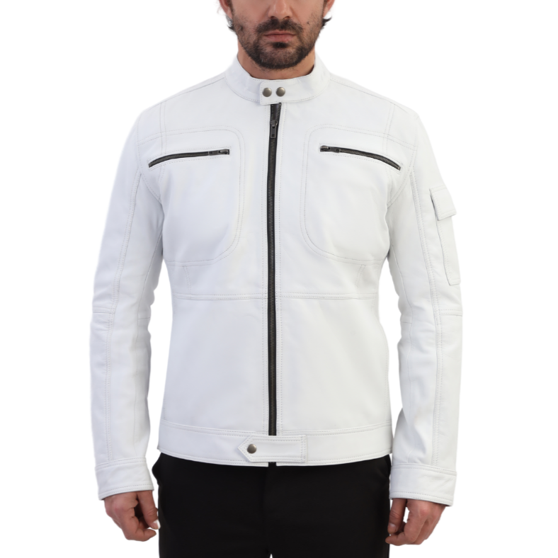 Plain White moto style leather jacket