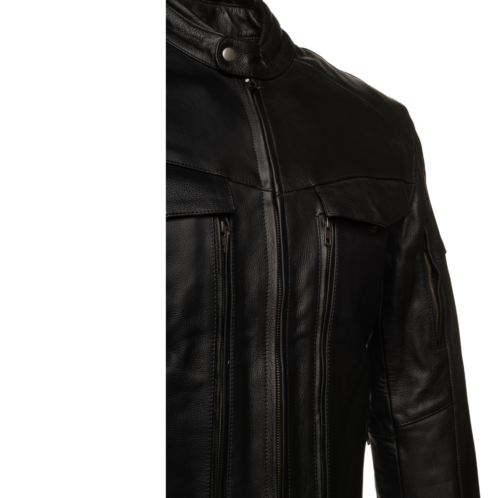 Huxley Black Motorcycle leather jacket with Storage pockets