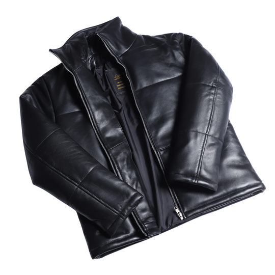Sorine Black zippered women's Puffer leather jacket