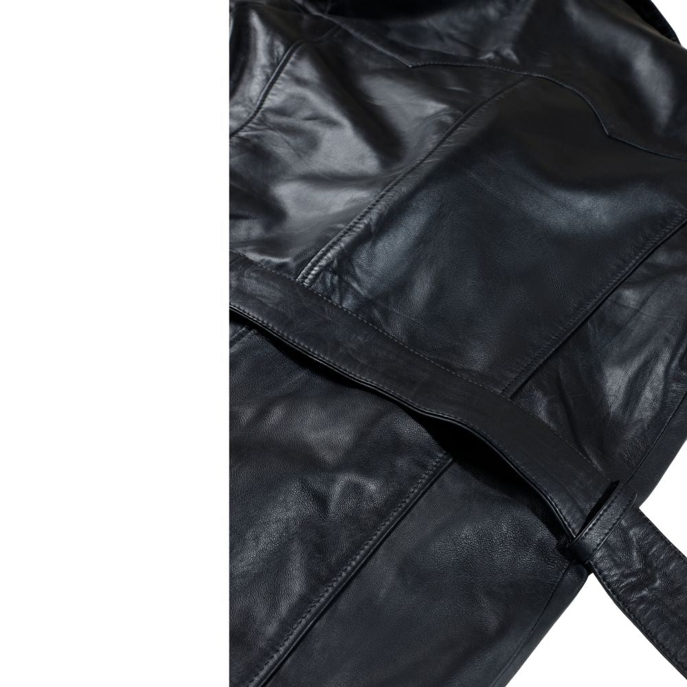 Black leather belted and double breasted trench coat