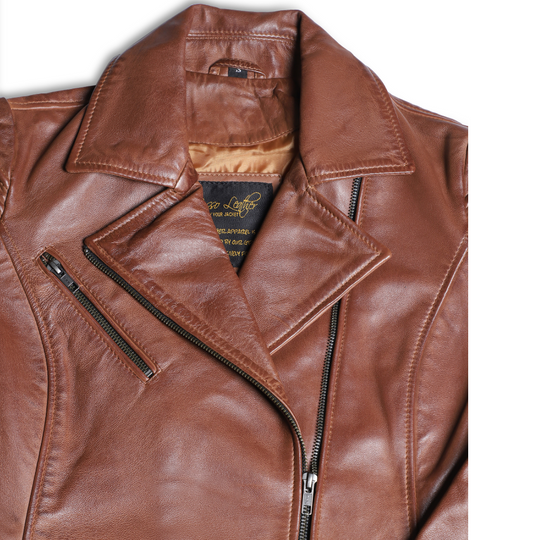 Women's distressed biker leather jacket with piping