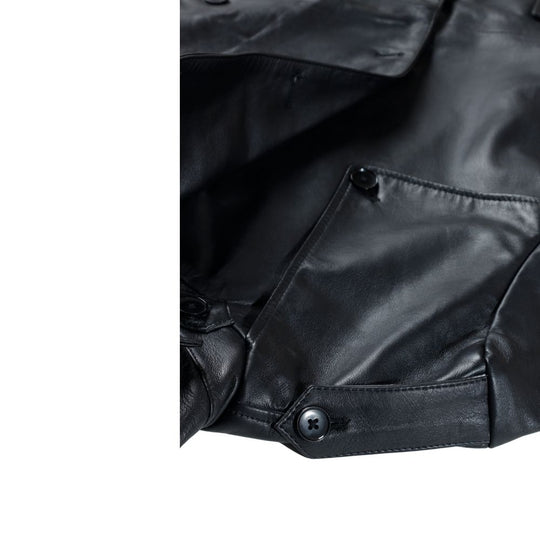 Black leather belted and double breasted trench coat