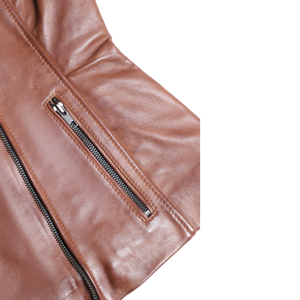 Women's distressed biker leather jacket with piping