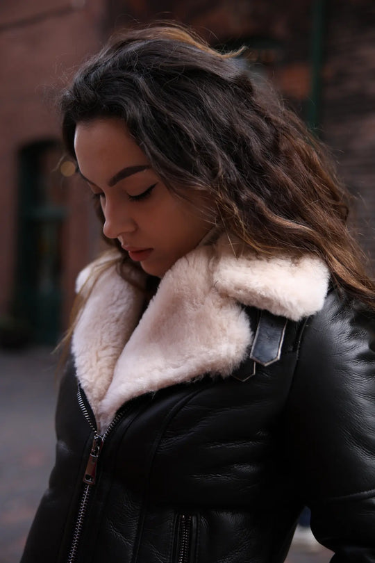 Jayne's Sheepskin Black and White Biker Shearling Jacket