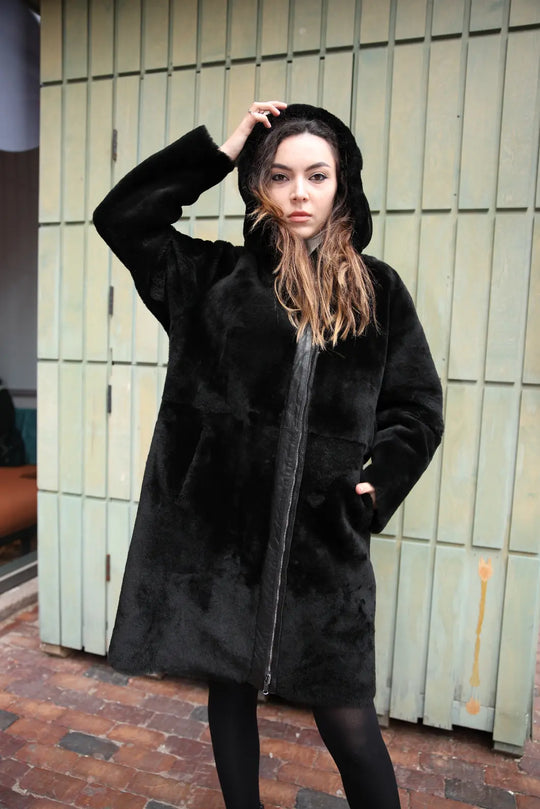Avalon black oversize Reversible Sheepskin long coat