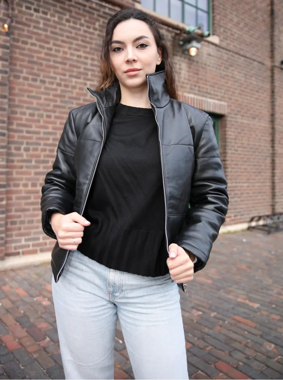 Sorine Black zippered women's Puffer leather jacket