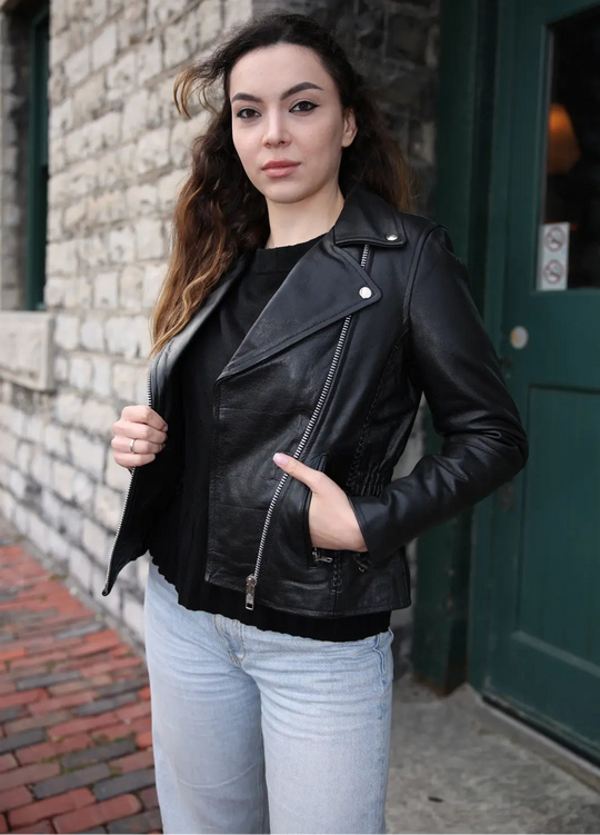 Anna Biker Heavy Leather Jacket With Braiding