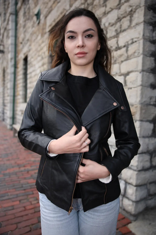 Anna Biker Heavy Leather Jacket With Braiding