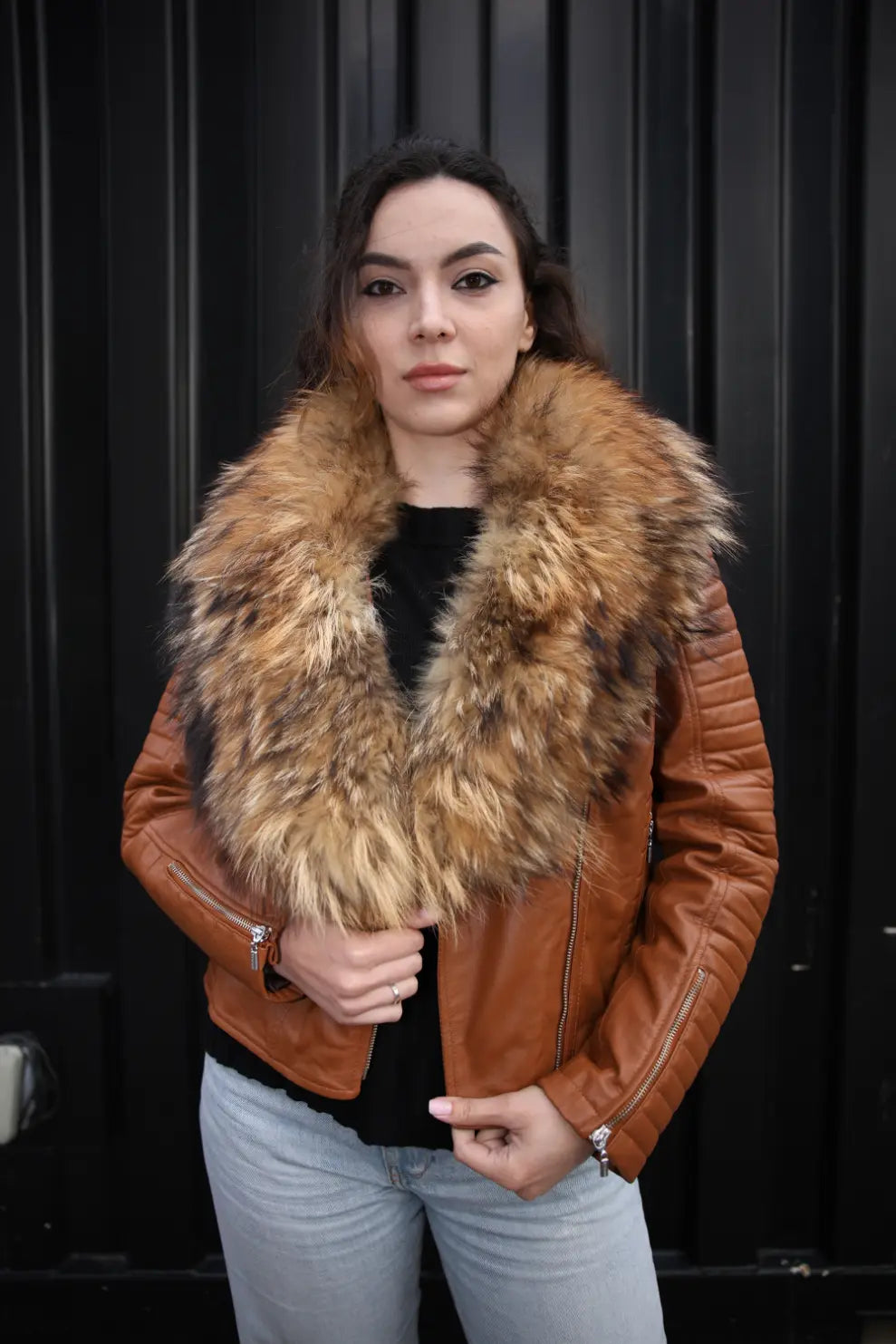 Women's Large Fur Shawl leather jacket with ribbed sleeve detailing