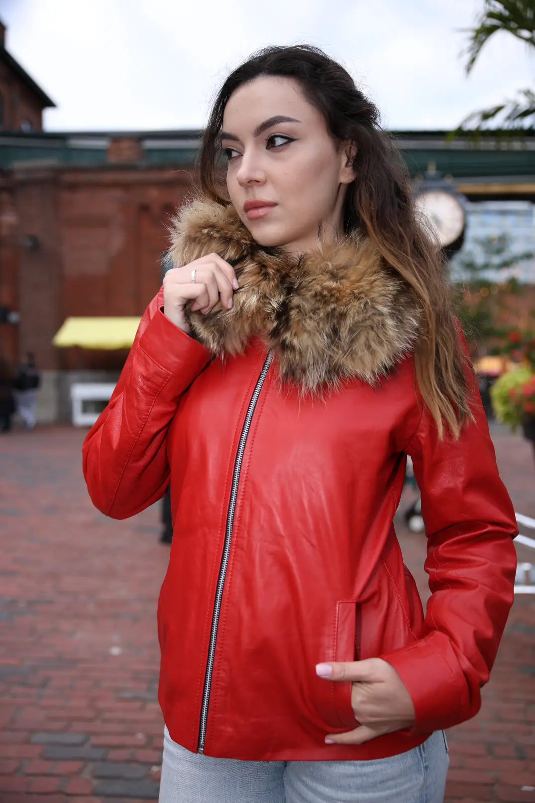 Palmyra Rose Red Leather Jacket With Fur Collar