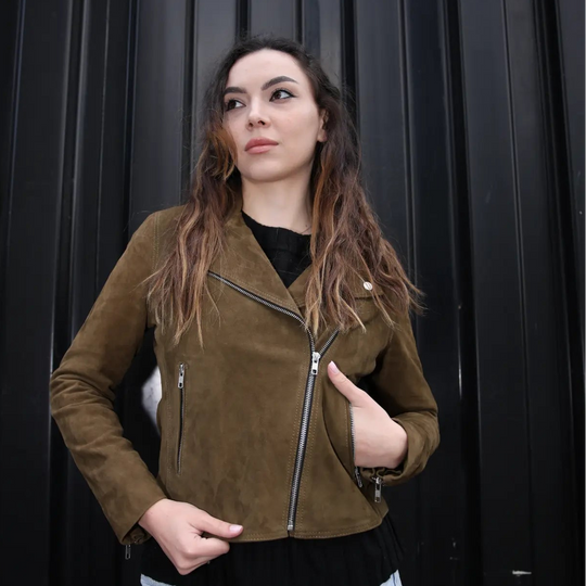 Sandra Olive Green Suede Biker Jacket