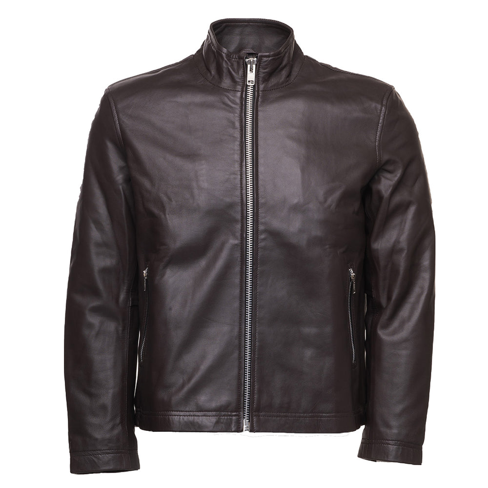A dark brown leather jacket with a round collar, zipper closure, and buttoned cuffs